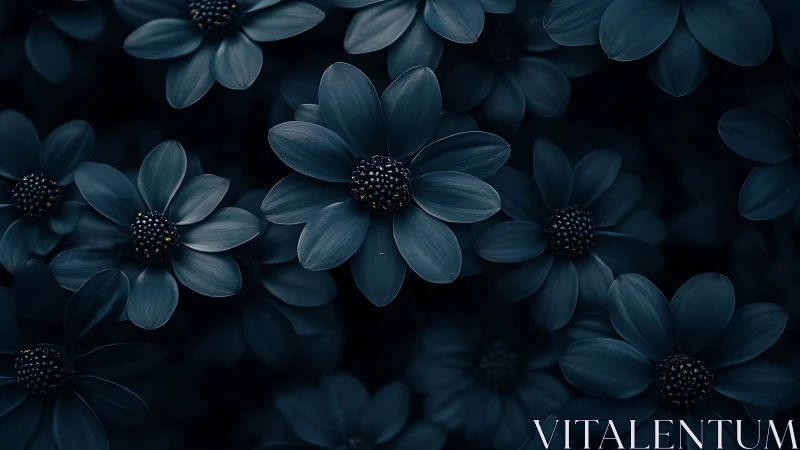 Deep teal daisy cluster with textured petals, dark atmospheric botanical composition