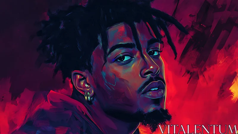 Electric portrait of man in neon red and violet glow.