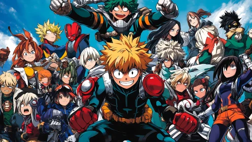 Group of stylized costumed characters occupies dynamic formation