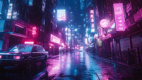 Neon soaked city street in heavy night rain, cyberpunk view.