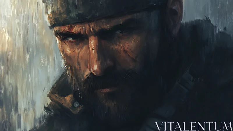 Weathered warrior’s gaze holding stories of quiet courage.