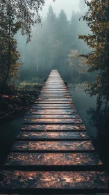 Weathered woodland pier tiptoes into the silver morning fog