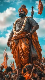 Majestic warrior statue rises above saffron festival crowd.