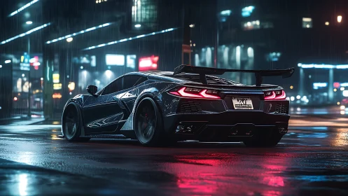 Widebody supercar in neon lit rainy street, rear three quarter