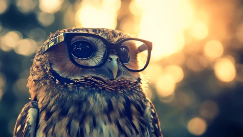 Wise Owl Wearing Glasses in Soft Golden Sunlight, Whimsical Style.