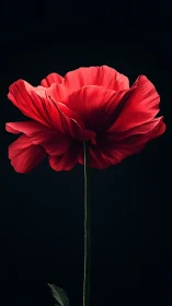 Red peony against black background with visible stem.