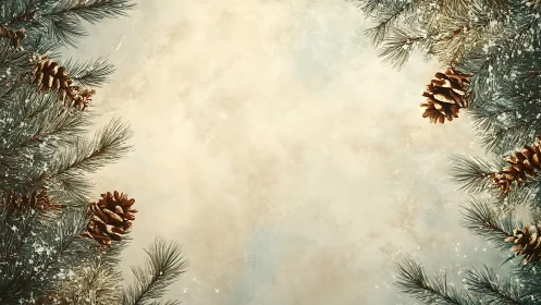 Pine branches and cones frame a central empty textured space