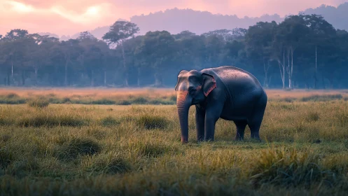 Solitary elephant stands in misty grassland at pastel sunrise