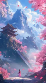 Vertical shrine ascent through cherry-blossom mountain atmosphere.