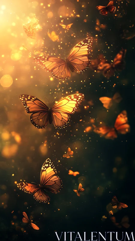 Monarch butterflies traverse glowing bokeh field in warm backlight