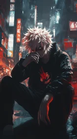 Hooded figure sits in neon city alley with red key light