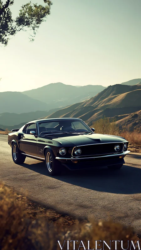 Vintage fastback car is parked on a mountain road