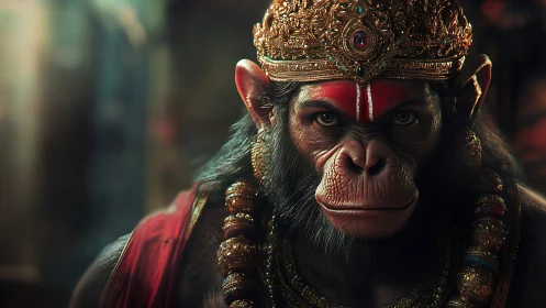 Simian warrior monarch rendered in high-fidelity photorealism.