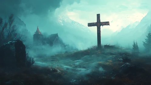 Weathered stone cross in foggy alpine graveyard at dusk