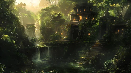 Sunlit jungle temples rise over misted emerald waterfalls.
