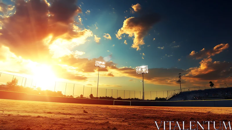 Sunlit empty sports field framed by grandstands and floodlights