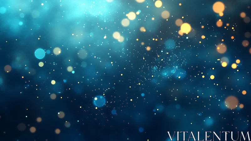 Blue background with scattered bokeh light particles pattern.