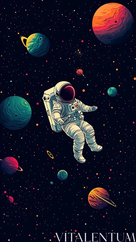 Stargazing astronaut drifts through neon planets and dreams.
