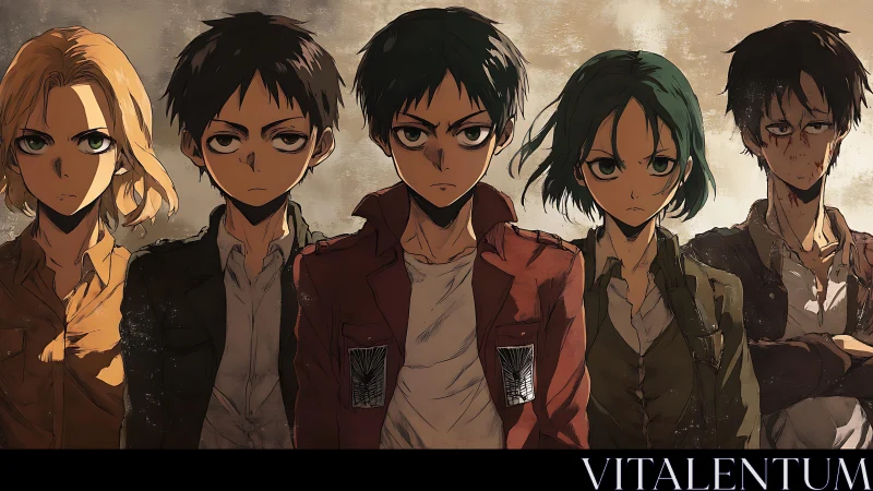 Five stern anime characters stand in a gritty lineup