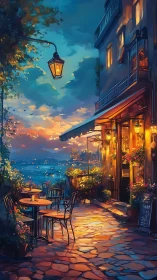 Evening waterfront café terrace with warm bokeh lighting and wet cobblestone