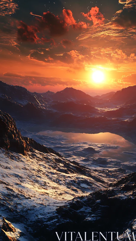 Crimson sun ignites snowcapped alien mountain valley horizon.