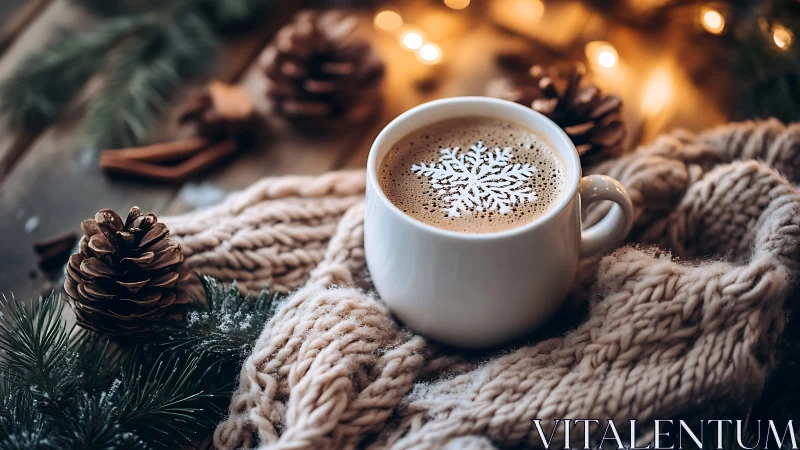Cozy winter coffee cup rests on knitted scarf with pinecones