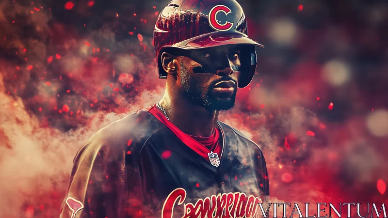 Baseball player in dark uniform amid red smoky field.