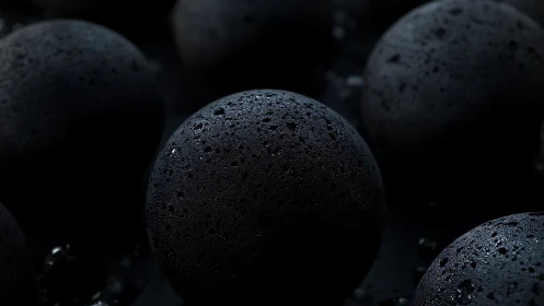 Macro study of moisture-laden black spheres under low-key directional light
