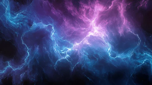 Glowing cosmic storm in swirling pink and electric blue light.