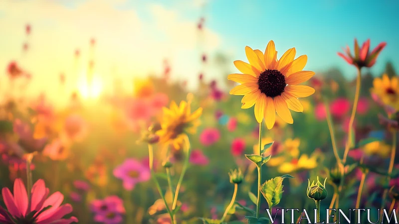 Vibrant Wildflower Field with Golden Sunlight and Shallow Depth.