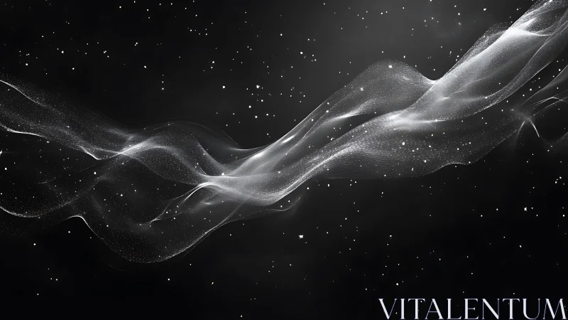 White particle wave on black background in abstract motion.