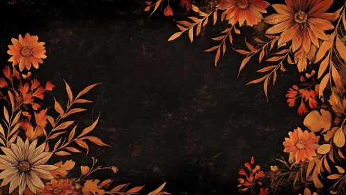 Autumn Florals Against Distressed Dark Ground. Digital Illustration.