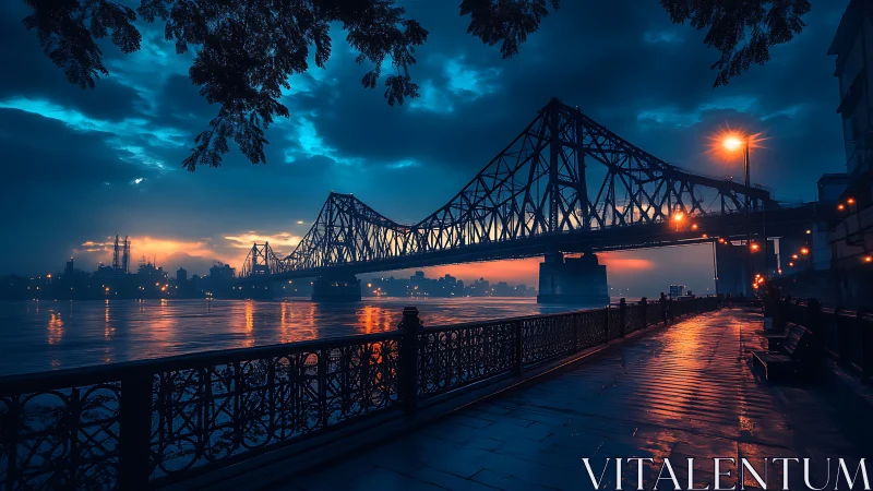 Steel truss river bridge at blue hour over reflective promenade.