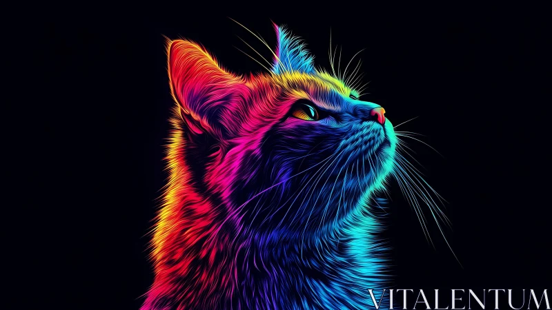 Rainbow Neon Cat with Chromatic Fur Against Darkness.