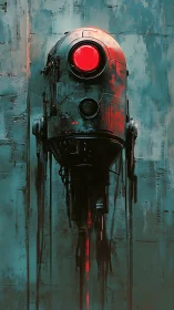 Rusty red-eyed surveillance drone on teal industrial wall.