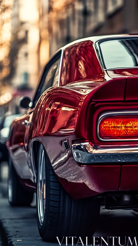 Rear three-quarter view of red classic coupe on city street.