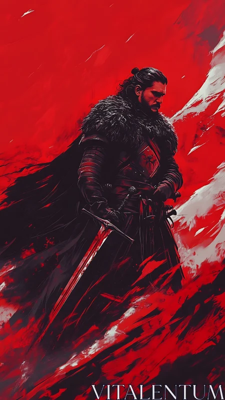 Warrior in raven furs amid crimson abstract battlefield.