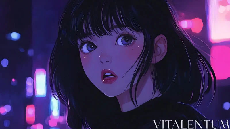 Neon-lit girl pauses in electric midnight city glow.