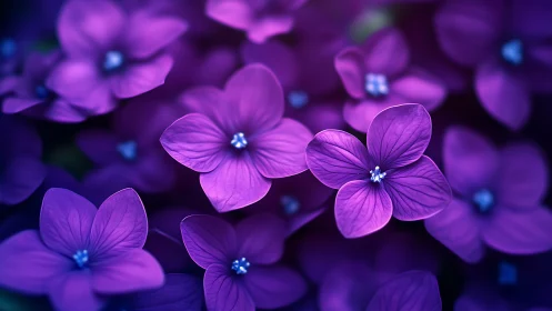Deep purple four-petaled flowers with crystalline stamens: macro botanical rendering study