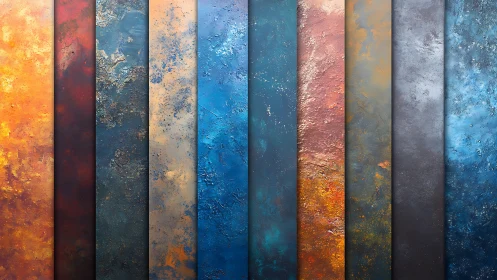 Textured metallic gradient panels in warm and cool hues.