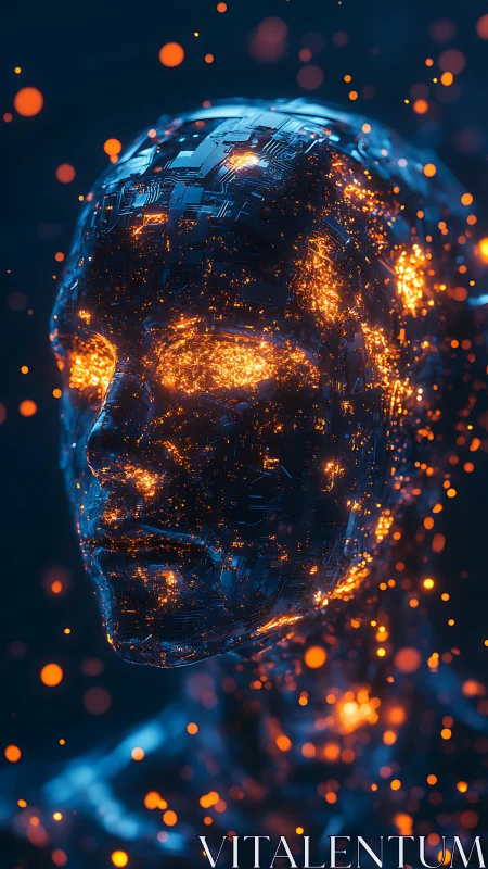 Luminous cybernetic head glows with internal orange circuitry