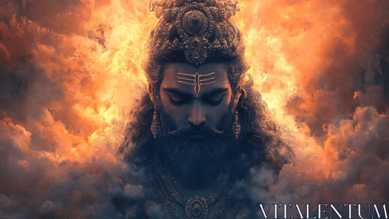 Divine bearded figure in fiery clouds with closed eyes.