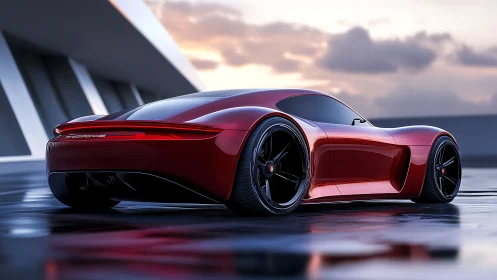 Red electric sports coupe on wet rooftop at sunset.