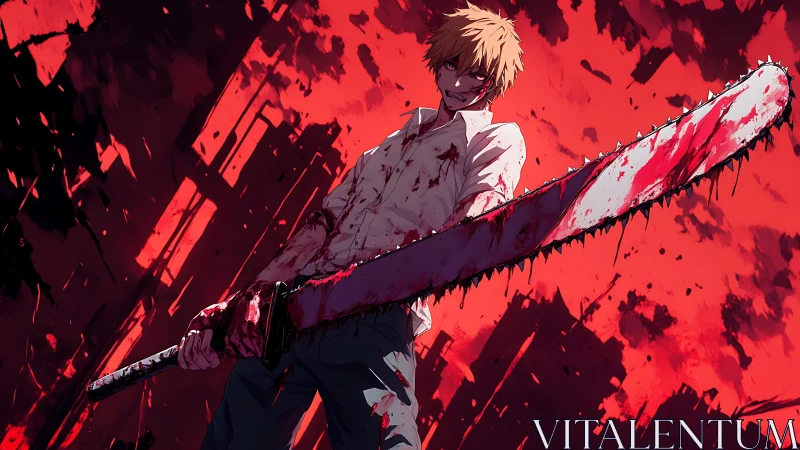 Blood-soaked anime swordsman poses with oversized chainsaw blade