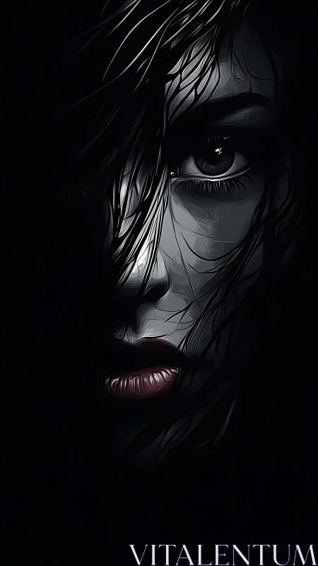 Digital portrait isolates half-lit female face in deep shadow