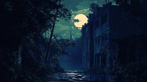 Moonlit overgrown alley with derelict urban buildings at dusk