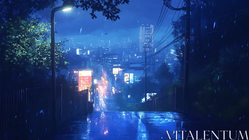 Nocturnal urban slope under reflective rainfall illumination.