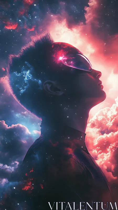 Profile of a human silhouette aligned with nebula clouds