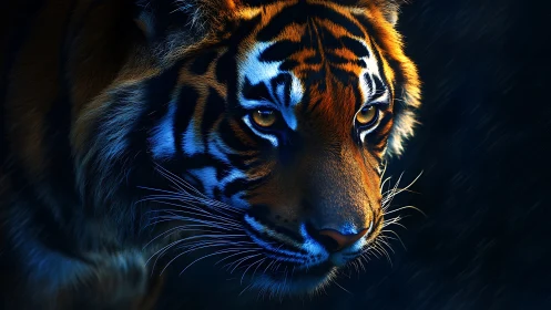 Tiger head rendered with directional blue and warm lighting
