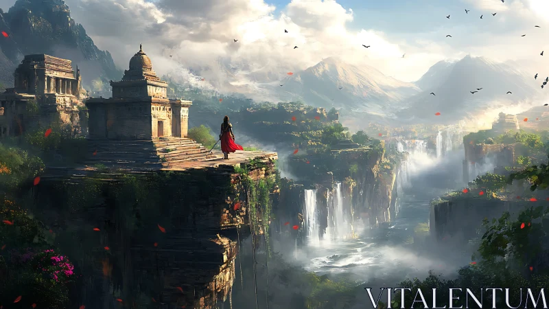 Clifftop temples above river canyons and distant mountains.